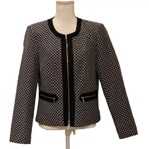 Calvin Klein Women's Zip Front Tweed Jacket Blazer Black White Cotton 10 Office - Picture 1 of 10